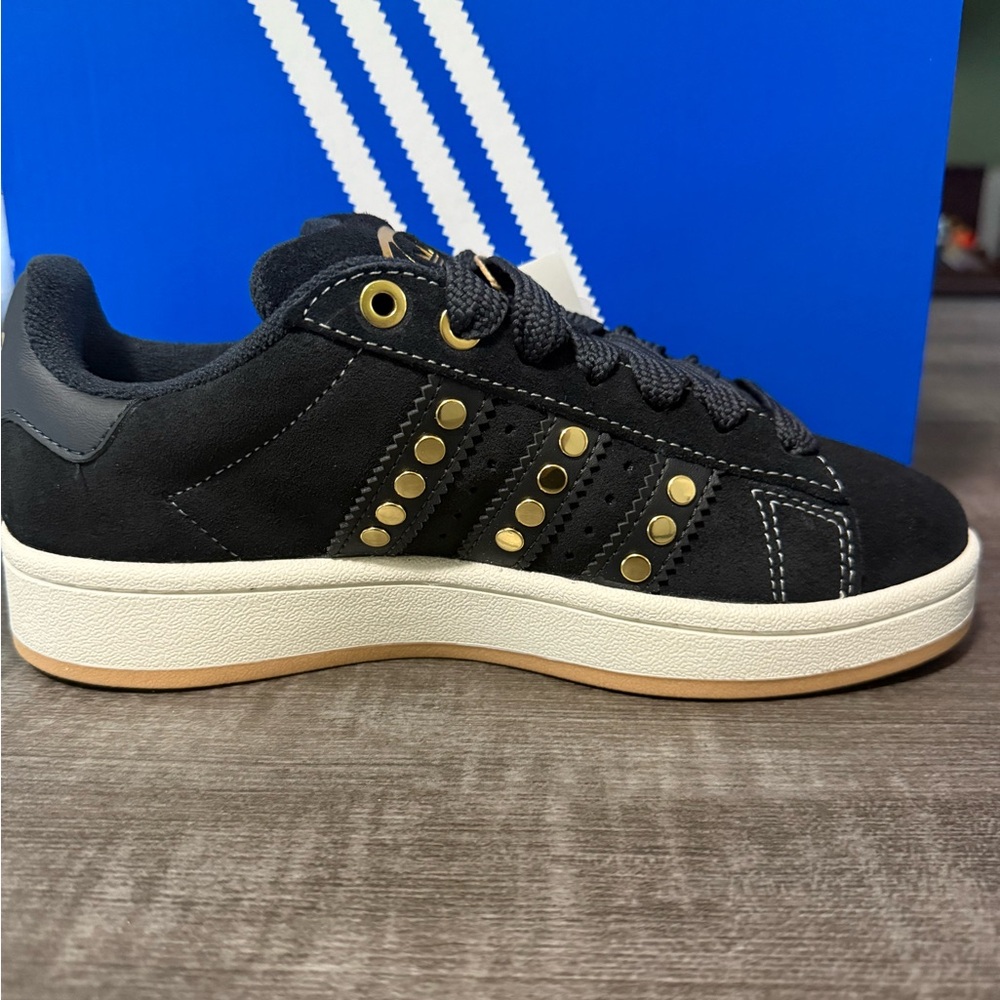Adidas Campus Black Suede Sneaker with Gold Accents - Picture 2 of 5